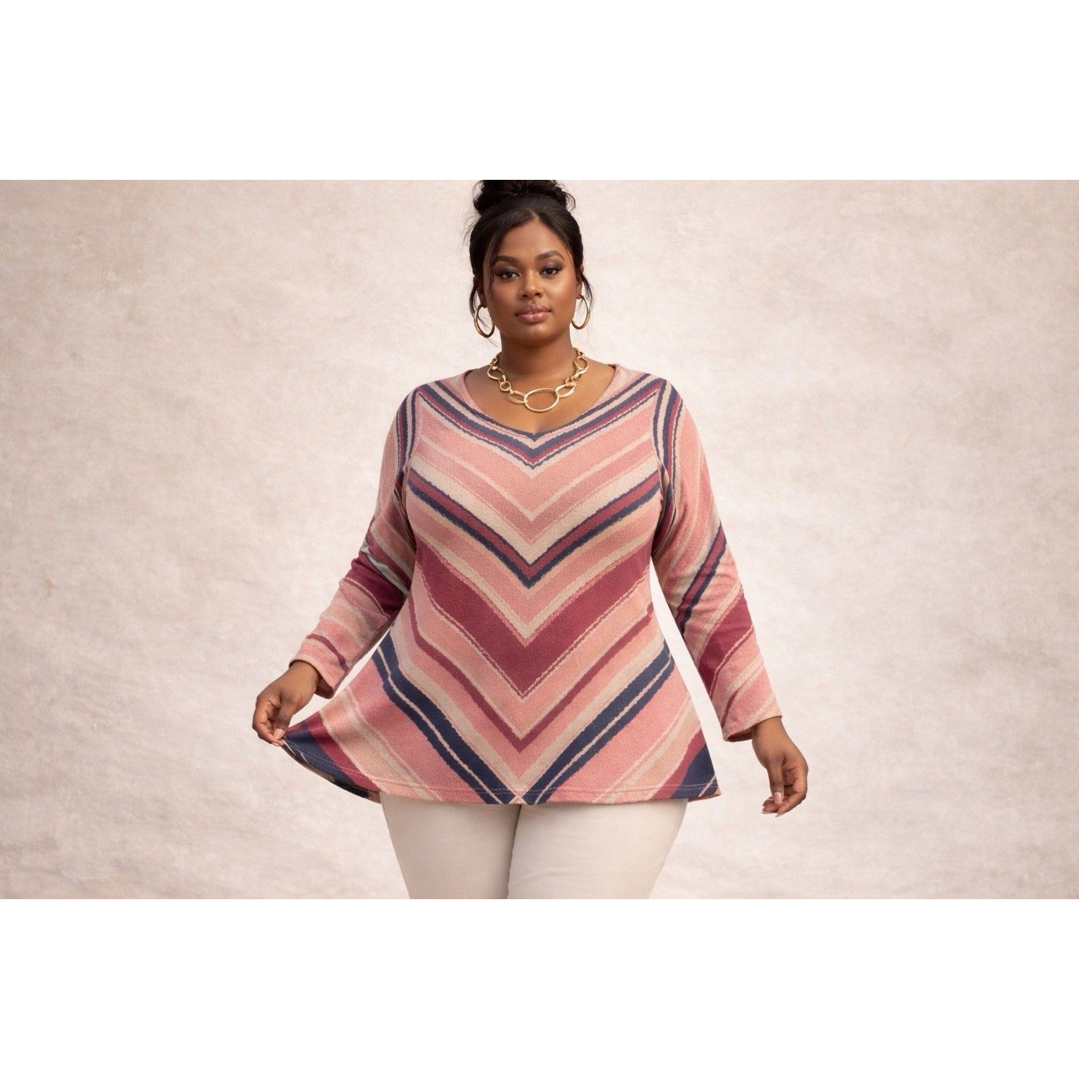 Boho Chevron Stripe Tunic Sweater Stretch Knit V Neck Made Usa Nurture Xl